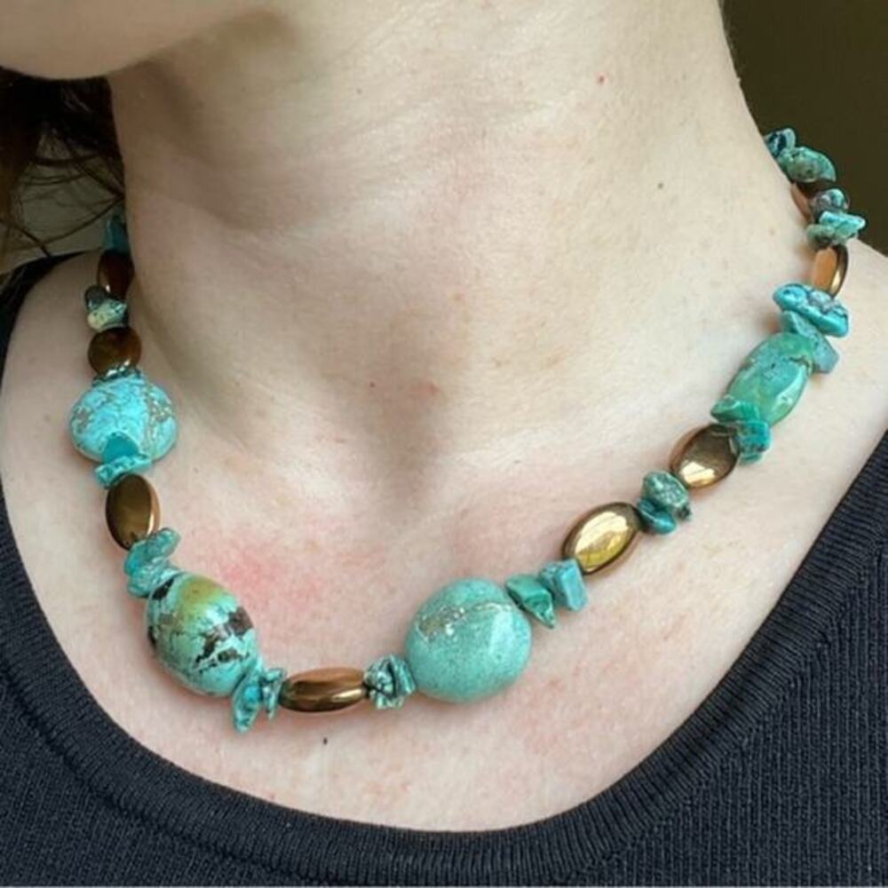 Vintage 925 Sterling Silver Chunky Genuine Turquoise and Bronze Bead Necklace C3